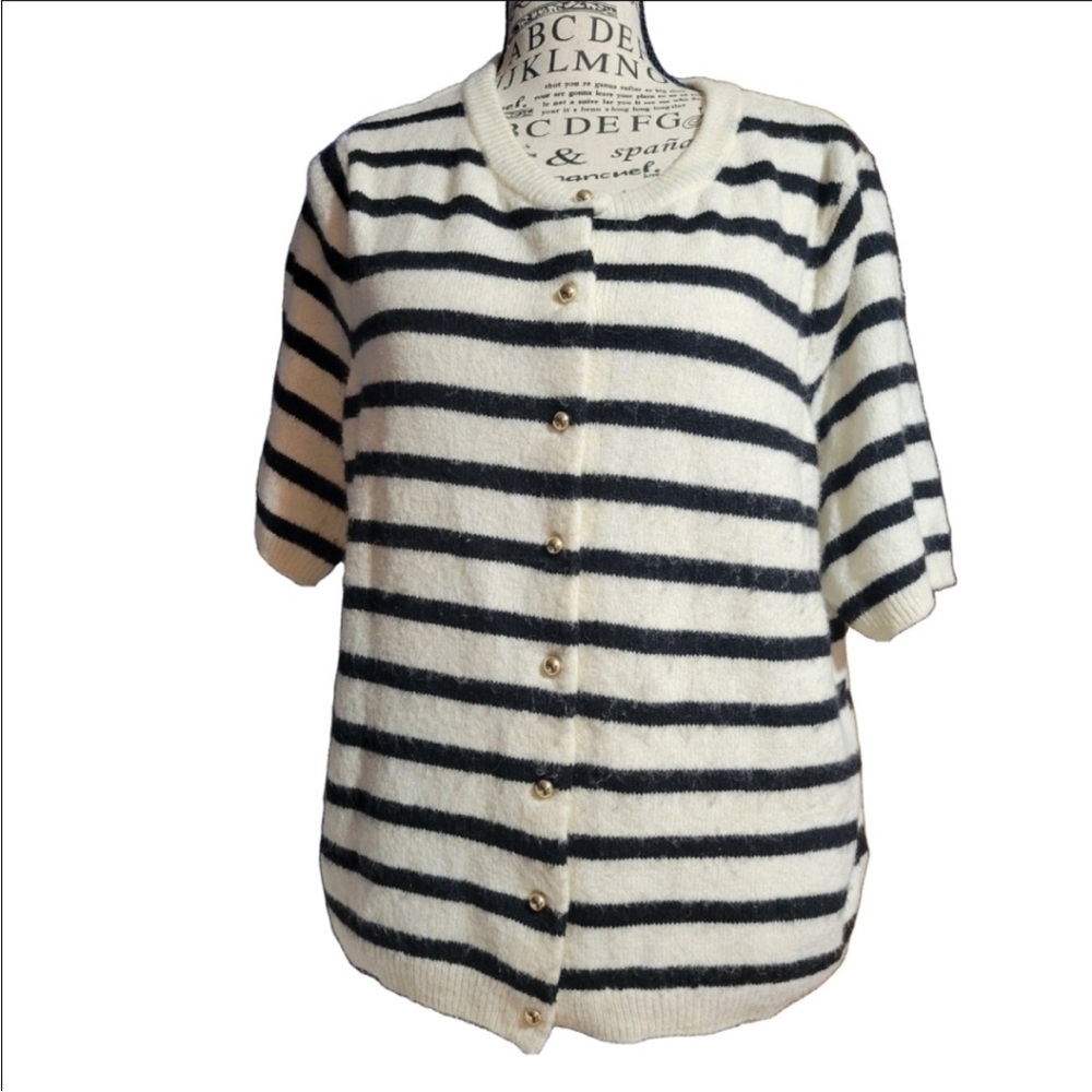 H&M Black and White Striped Short-Sleeved Cardigan with Gold Buttons.
